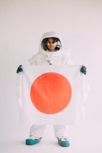 woman in a costume holding a flag