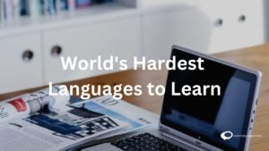 : A linguistic puzzle with diverse alphabets and characters, representing the complexity of languages. Text reads 'Hardest Language to Learn.' Conceptual illustration highlighting the challenges and diversity in language acquisition