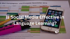 A dynamic visual representation illustrating the impact of social media on language learning, featuring icons of platforms, language-related content, and engaged learners.