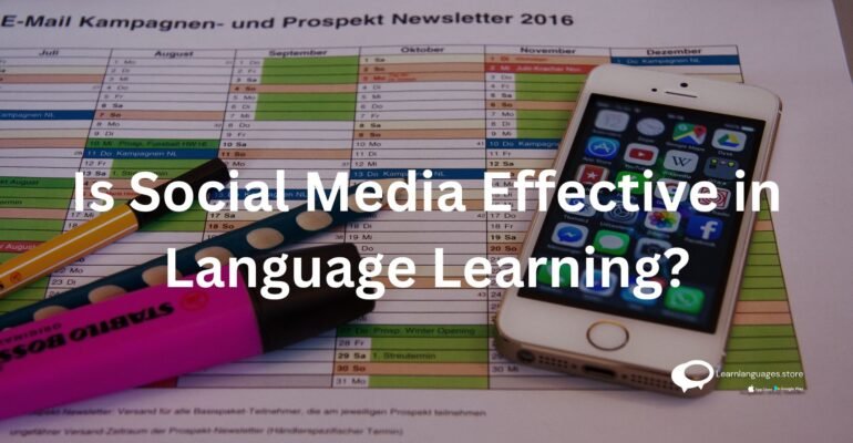 A dynamic visual representation illustrating the impact of social media on language learning, featuring icons of platforms, language-related content, and engaged learners.