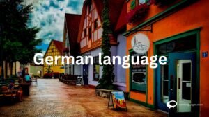 Professional setting with icons representing career growth, language proficiency, and a German flag.