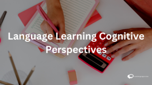 'Cognitive Language Learning Perspectives' with brain icons, books, linguistic symbols, and arrows representing various learning approaches