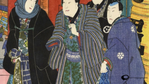 'Japanese Theater' with traditional Kabuki and Noh theatre masks, performers in elaborate costumes, and stage settings