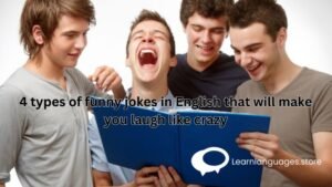 "Image featuring a comic strip with four panels, each representing a different type of joke, showcasing humor in English."