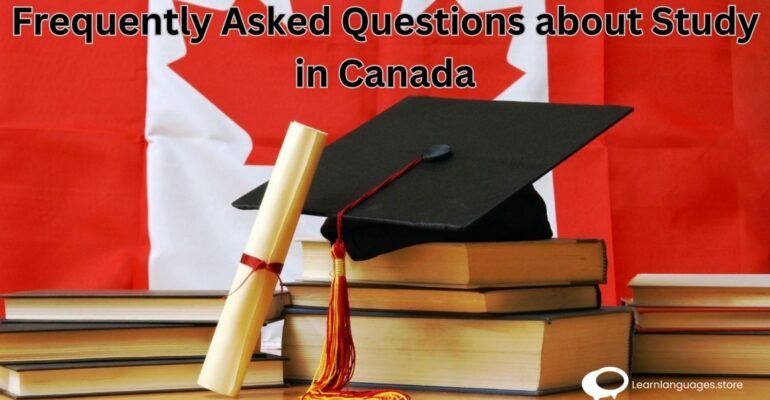 "Image showcasing a question mark surrounded by various icons representing education, visa, scholarships, and student life, depicting frequently asked questions about studying in Canada."