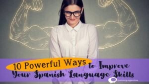 "Image showcasing a person practicing Spanish with flashcards and a language app, representing ways to improve Spanish learning skills."