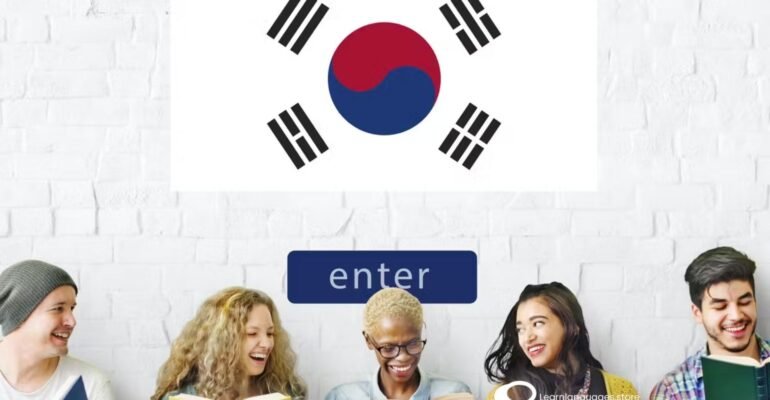"Image featuring Korean cultural symbols such as traditional attire, food, and landmarks, representing the connection between learning the Korean language and exploring Korean culture."