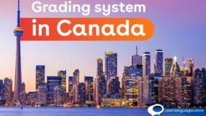 : "Illustration showing the Canadian grading system, featuring letter grades and GPA scales."