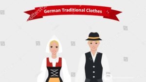"Image featuring individuals wearing traditional German attire like Dirndls and Lederhosen, showcasing the variety and cultural significance of German clothing."