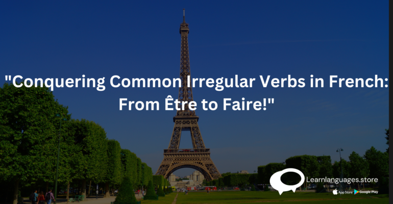 Illustration of a person holding a French flag with the text "Mastering Present Tense of Common Irregular Verbs in French" written on it.